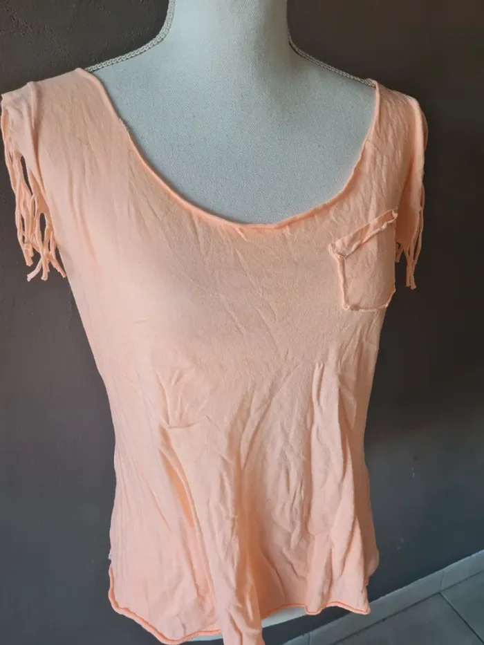 T-shirt corail asymétriques franges - photo numéro 3