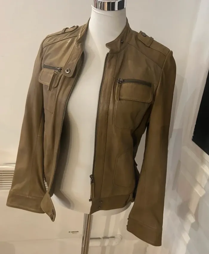 Kookai veste en cuir beige kaki , femme taille 38 - photo numéro 4