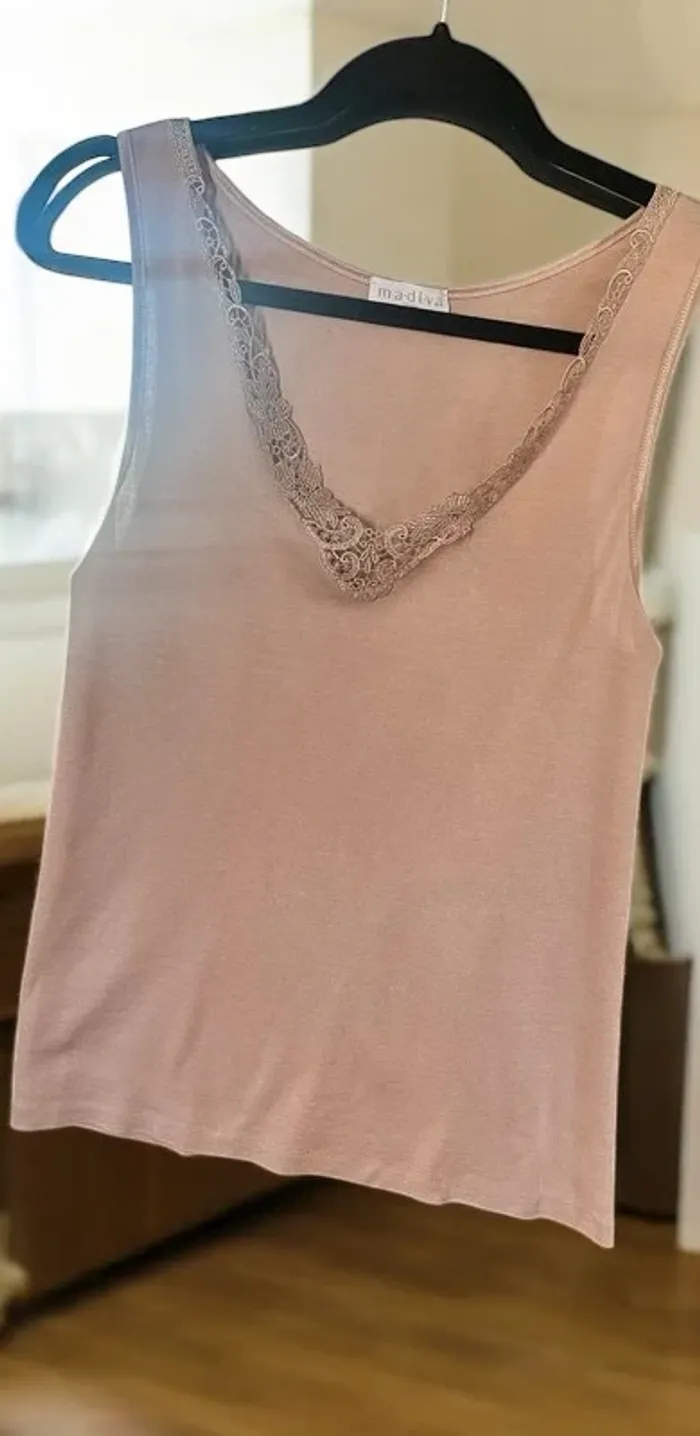 Top débardeur rose en macramé et coton égyptien L - photo numéro 2