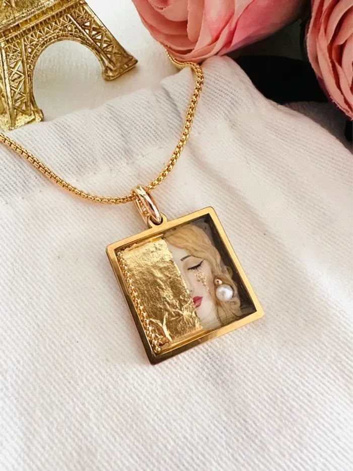 🥲Collier artisanal unique avec perle d’eau douce naturelle – inspiré de Gustav Klimt - photo numéro 9