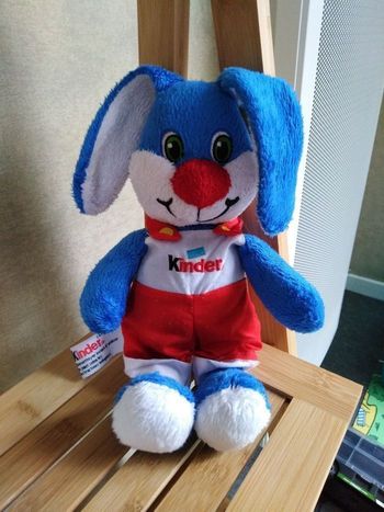 Doudou, peluche lapin numéro 2, kinder, bleu, rouge , vintage