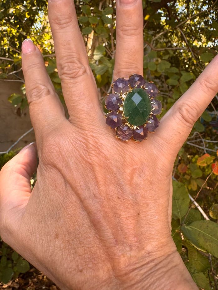Grosse bague habaha Paris aventurine et améthyste acier inoxydable or - photo numéro 3