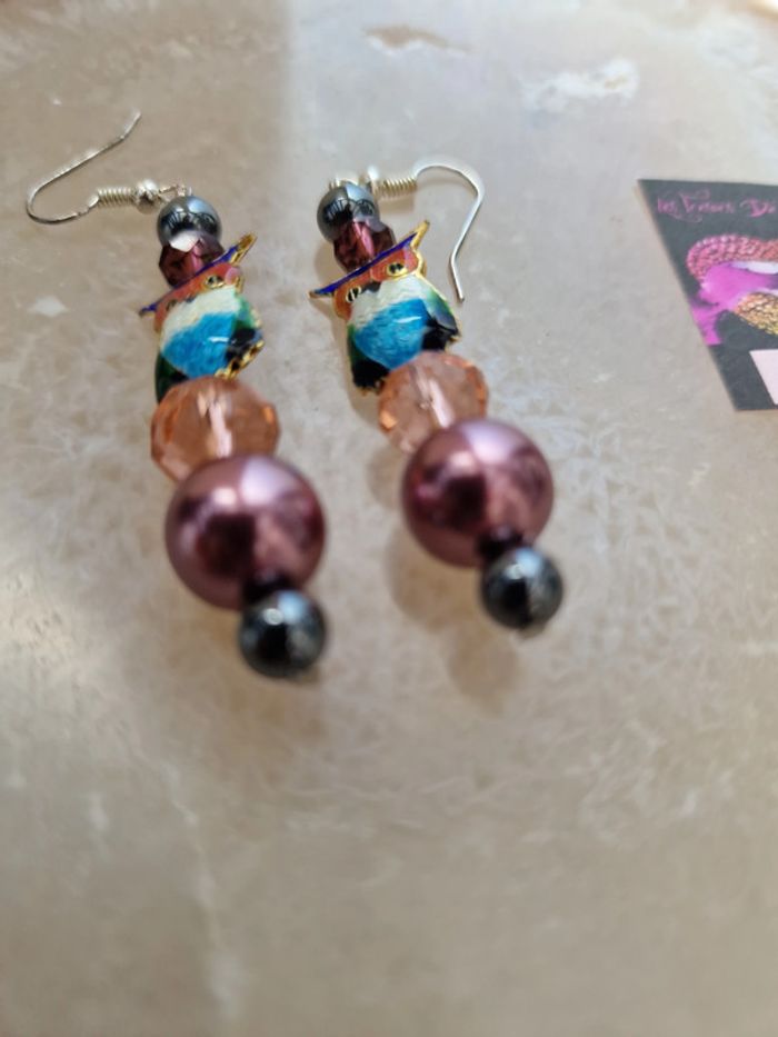 Boucles D'oreilles Hibou Perles Roses Grises Cristal - photo numéro 10