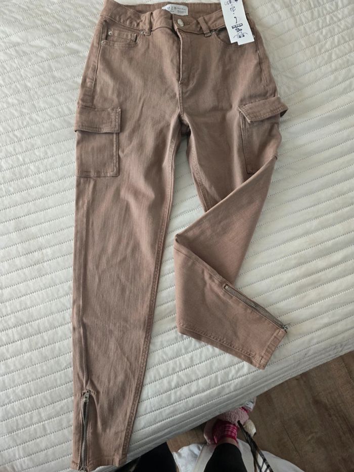 Pantalon jean cargo femme beige camel