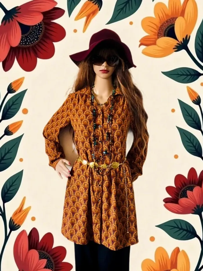 🍁Chemise longue S/36 hippie chic boho vintage retro 70s style long shirt🍁 - photo numéro 5