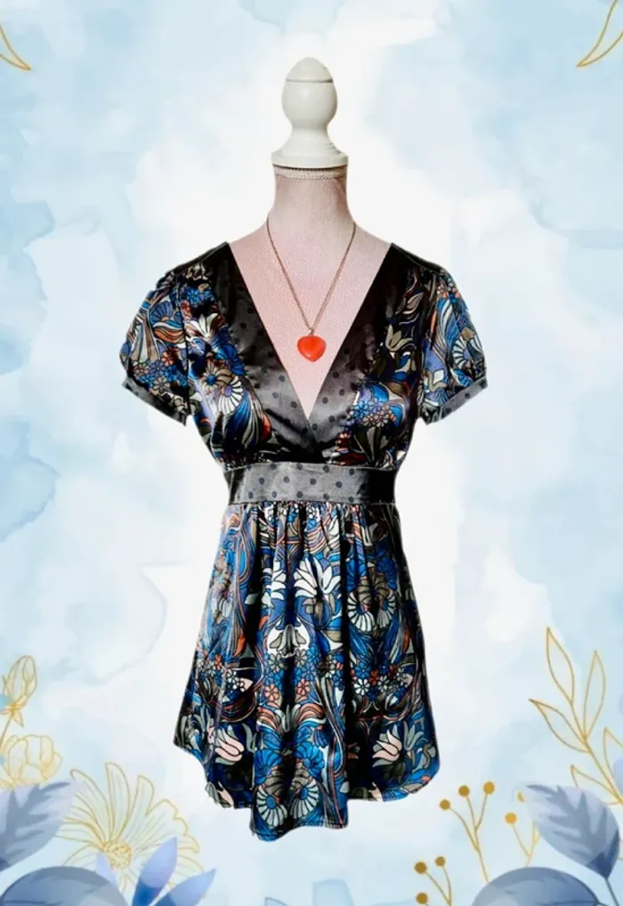 🩶🌿Blouse boho chic satinée 34/36 motif floral pois An’ge elegant floral polka dots satin blouse🌿🩶