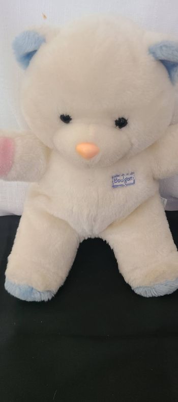Peluche ours BOULGOM bleu blanc vintage nez rose 30 cm