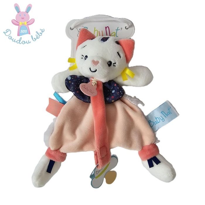 Doudou plat Chat Pollen rose blanc attache tétine BABY NAT