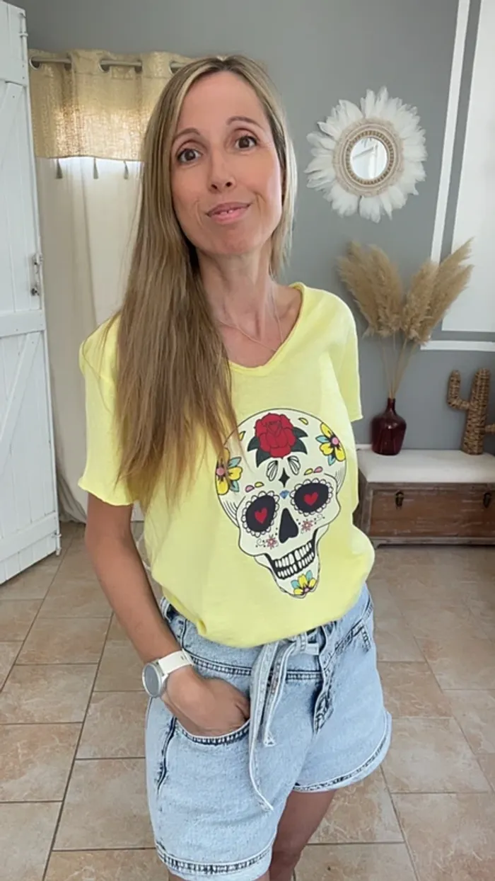 Tee-shirt coton jaune citron avec tête de mort mexicaine - photo numéro 2