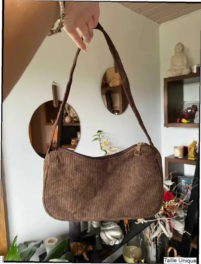 Sac épaule marron côtelé rétro