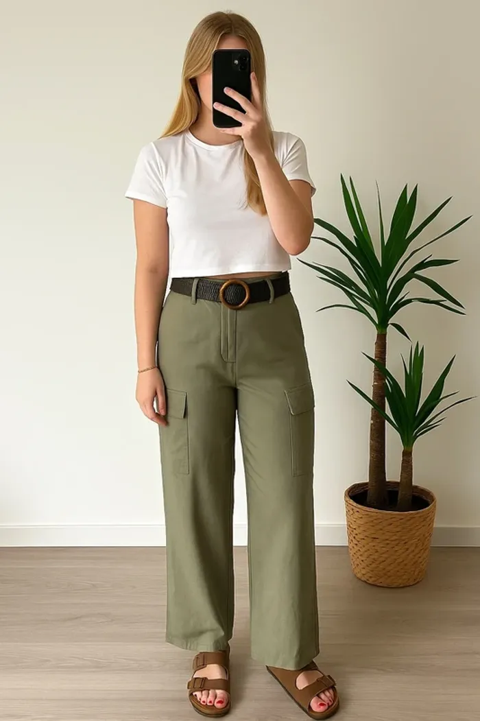 Pantalon cargo kaki jambes larges t.34 Cache-Cache neuf