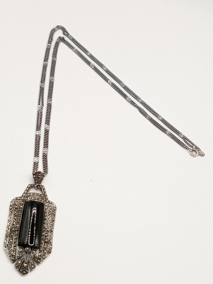 Collana argento 925 vintage antica stile art decò ciondolo onice e marcasiti - photo numéro 2