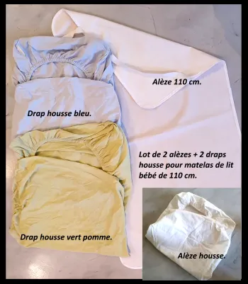Lot de 2 alèses + 2 draps housse pour lit bébé de 110 cm.