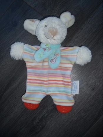 Souris doudou plat dentition Noukie's rayé écharpe bleue