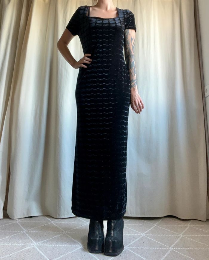 Sublime robe longue velours motifs abstraits Goth Vampire vintage made in France 90s - Taille M/L - photo numéro 5