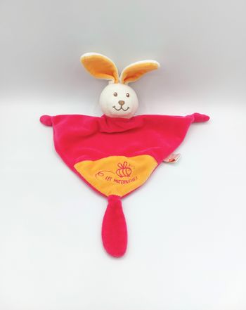 Doudou plat lapin grelot blanc écru rose JOUER AVEC LES MATERNELLES abeille jaune orange
