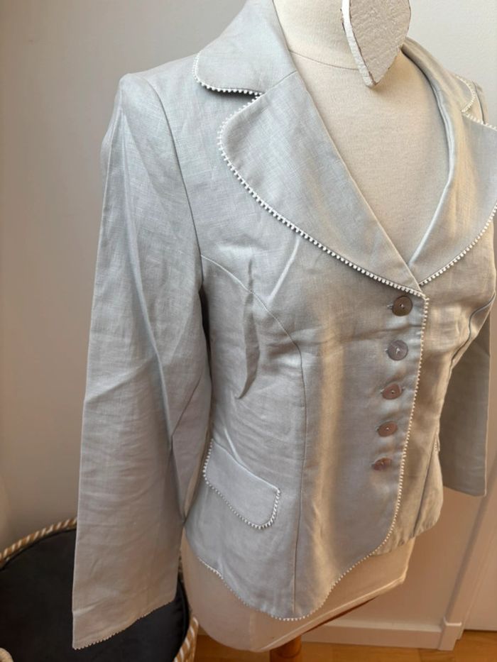 🤍 Sublime blazer en lin - gris détails blancs - T40 - photo numéro 5
