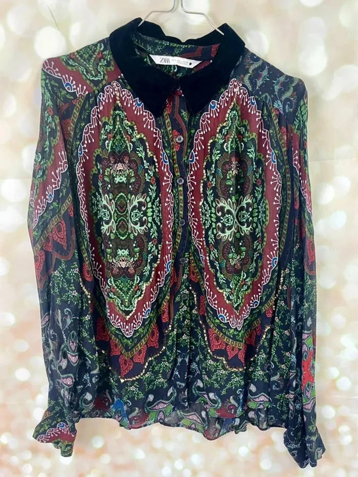 Chemise ZARA voile sequins paisley et col velours L