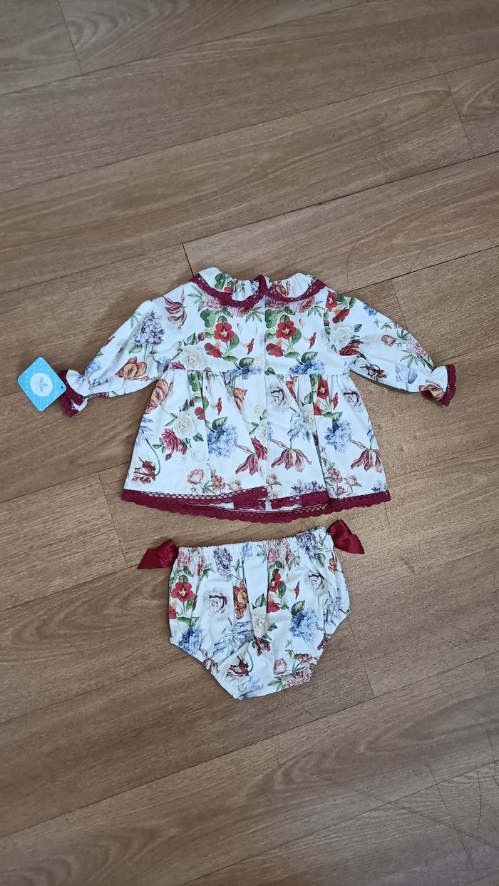 Ensemble robe+culotte fleurie bébé fille Sardon neuf 100/💯  coton - photo numéro 3