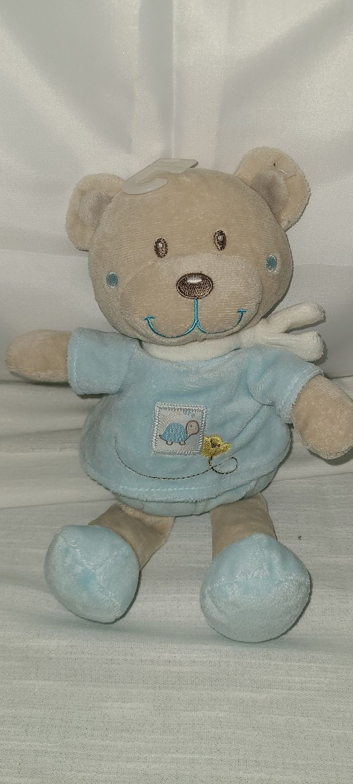 Doudou ours beige bleu blanc tortue TEX BABY