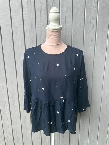 Blouse manches 3/4 bleu marine à pois blancs été légère ICHI 38/M