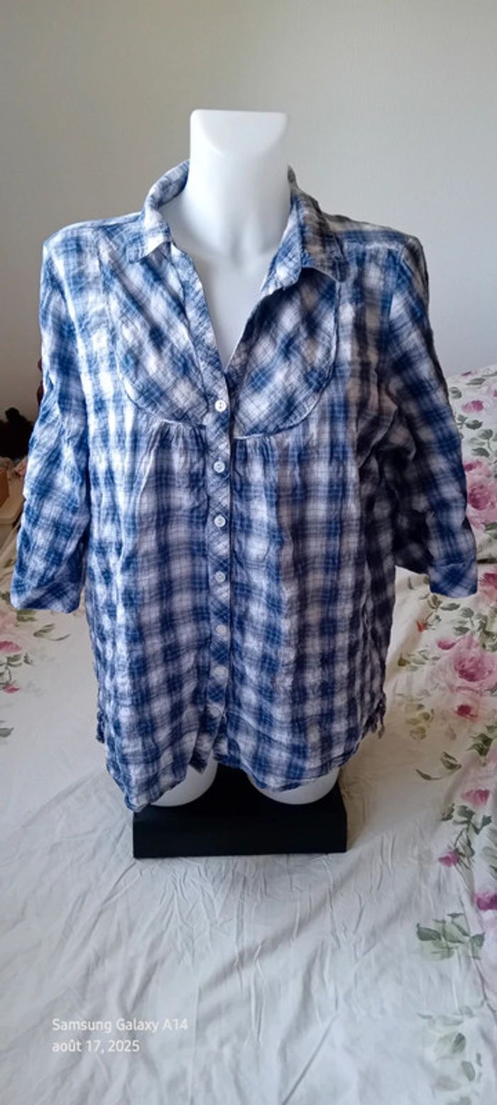 Chemise manches 3/4 ajustables à carreaux col V et boutons bleu femme 48/50 m&s mode - photo numéro 3
