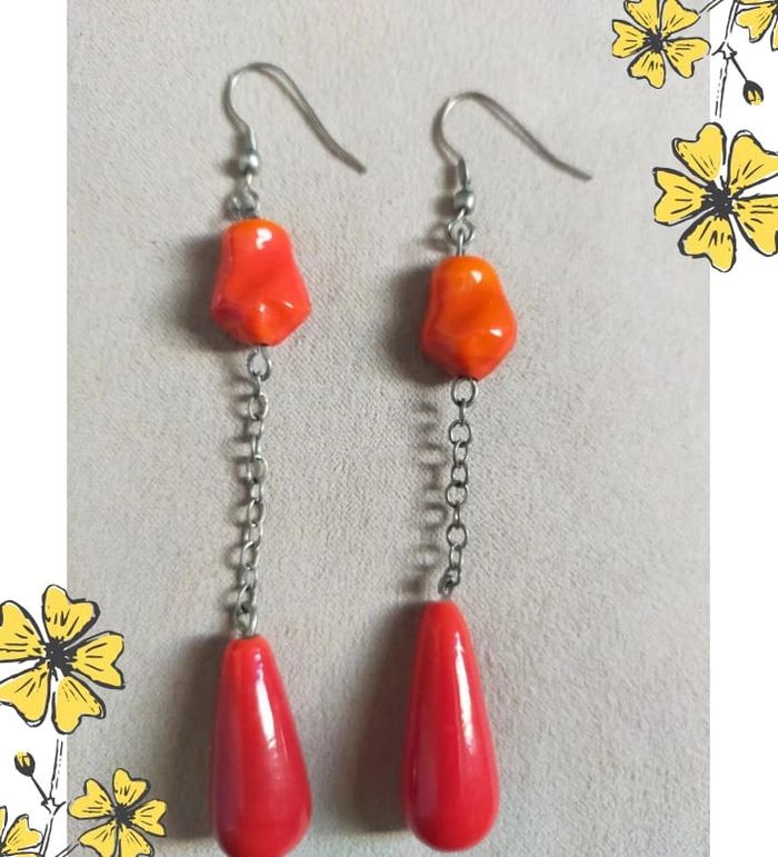 Boucles d’oreilles longues rouges & orange - Collection Terres d’Ailleurs - photo numéro 5