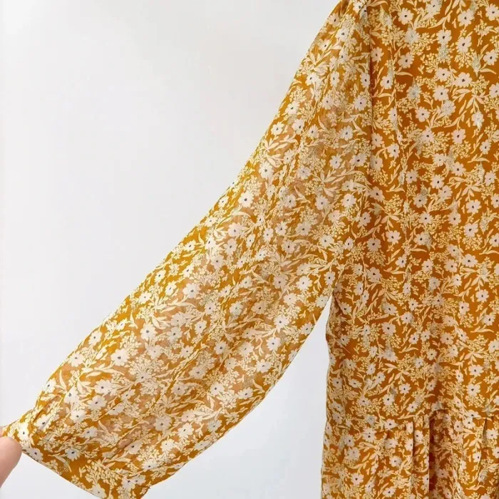 Robe courte à fleurs moutarde Promod manches longues légères taille L 44 Belgique A430 - photo numéro 4