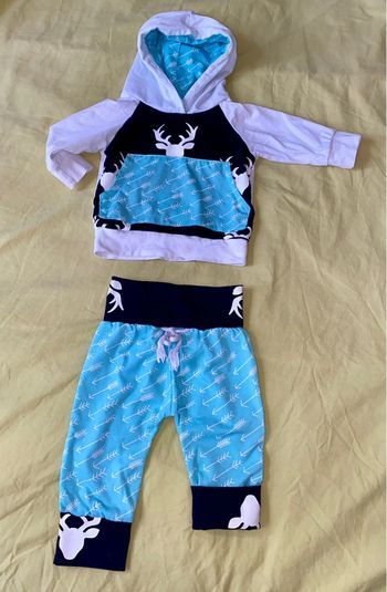 Ensemble 2 pièces motif Rennes, blanc et bleu ciel, 0-6 mois