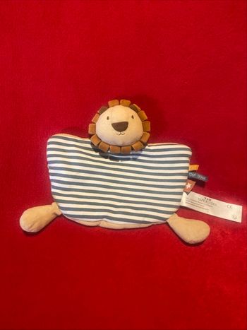 Tao tape à l'œil doudou grelot lion crinière semi rond rayures bleu blanc beige neuf jamais utilisé 