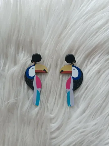 Boucles d'oreilles légères toucan paillettes en acrylique et acier inoxydable Neuf