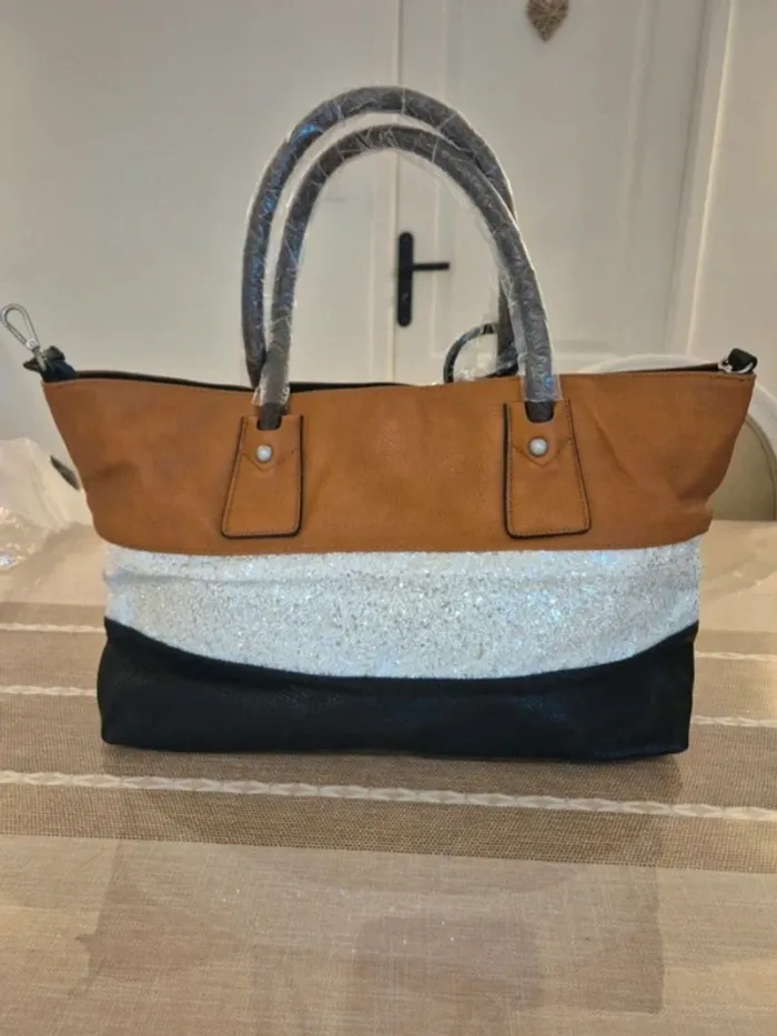 Très joli sac cabas pour l'automne, neuf, marron argenté noir paillettes - photo numéro 4