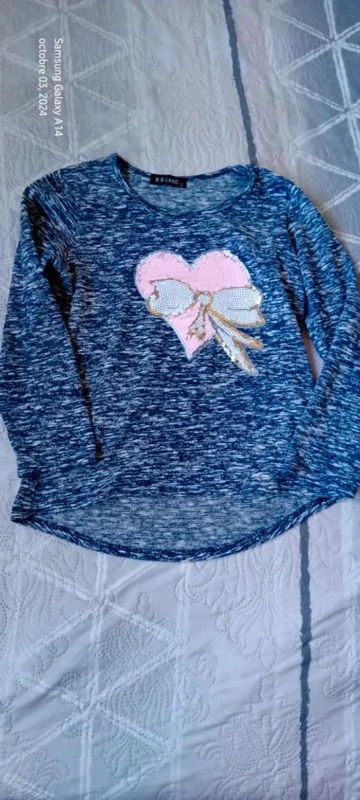Pull fin motif cœur et noeud en sequins bleu fille 12 ans BB.Land - photo numéro 2