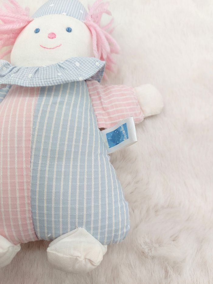 Ancien doudou petite peluche clown TROUSSELIER blanc bleu rose 19,5 cm Vintage - photo numéro 3