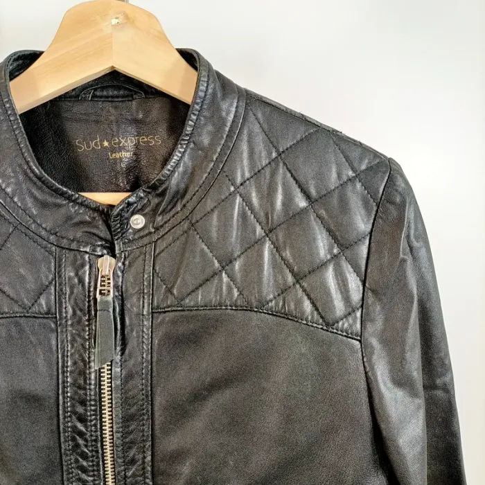 Blouson cuir noir matelassé col rond Sud Express modèle Bartok taille L A876 - photo numéro 2