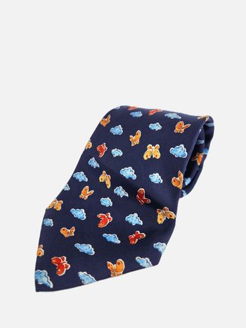 Cravate Jacques Heim Paris Homme - 100% Soie Bleu Marine - Motifs Papillons & Nuages