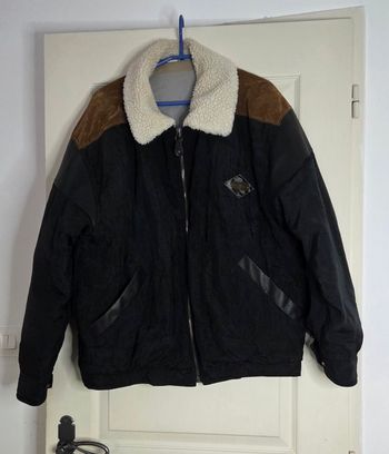 Blouson aviateur vintage Boston BST – col mouton – bi-matière noir & camel – taille XL/XXL (voir mesures)