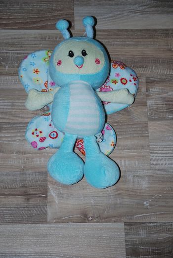 Doudou Peluche Papillon Bleu Blanc Rayé Fleurs Toi-Toys