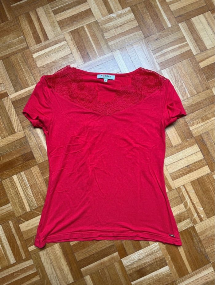 Tee shirt rouge Morgan detail dentelle - photo numéro 3