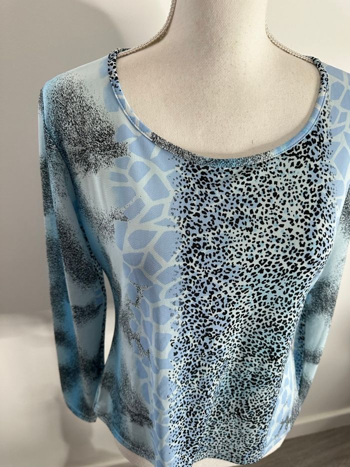 Blouse à manches longues léopard girafe bleu clair et noir Y2K Vintage T42/44 XL/XXL - photo numéro 2