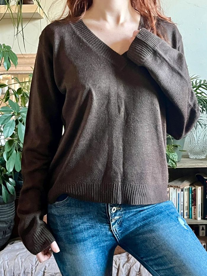 Pull ample manches longues col V - marron - photo numéro 7