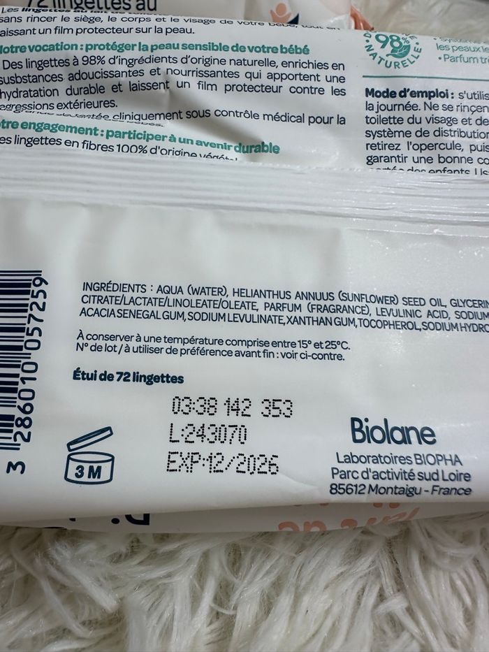 Lot de 6 paquets de 72 lingettes lait de toilette Biolane - photo numéro 2