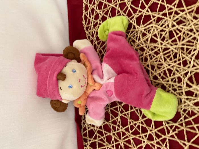 Doudou marionnette lutin poupée arlequin rose orange vert NICOTOY