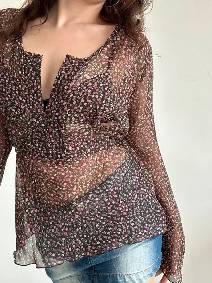Blouse transparente marron à fleurs taille L - photo numéro 4