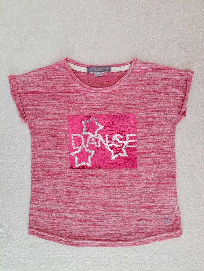 T-shirt manches courtes 6 ans Danskin rose fuschia chiné avec sequins réversibles