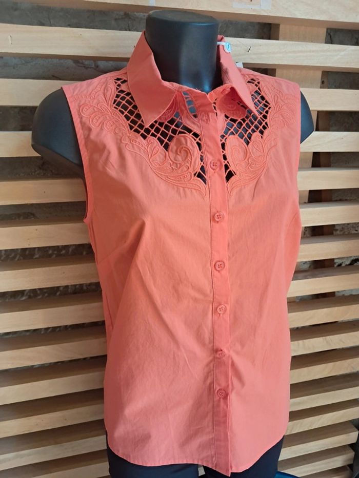 Md'M haut blouse chemise sans manches dentelle orange T.40 neuf