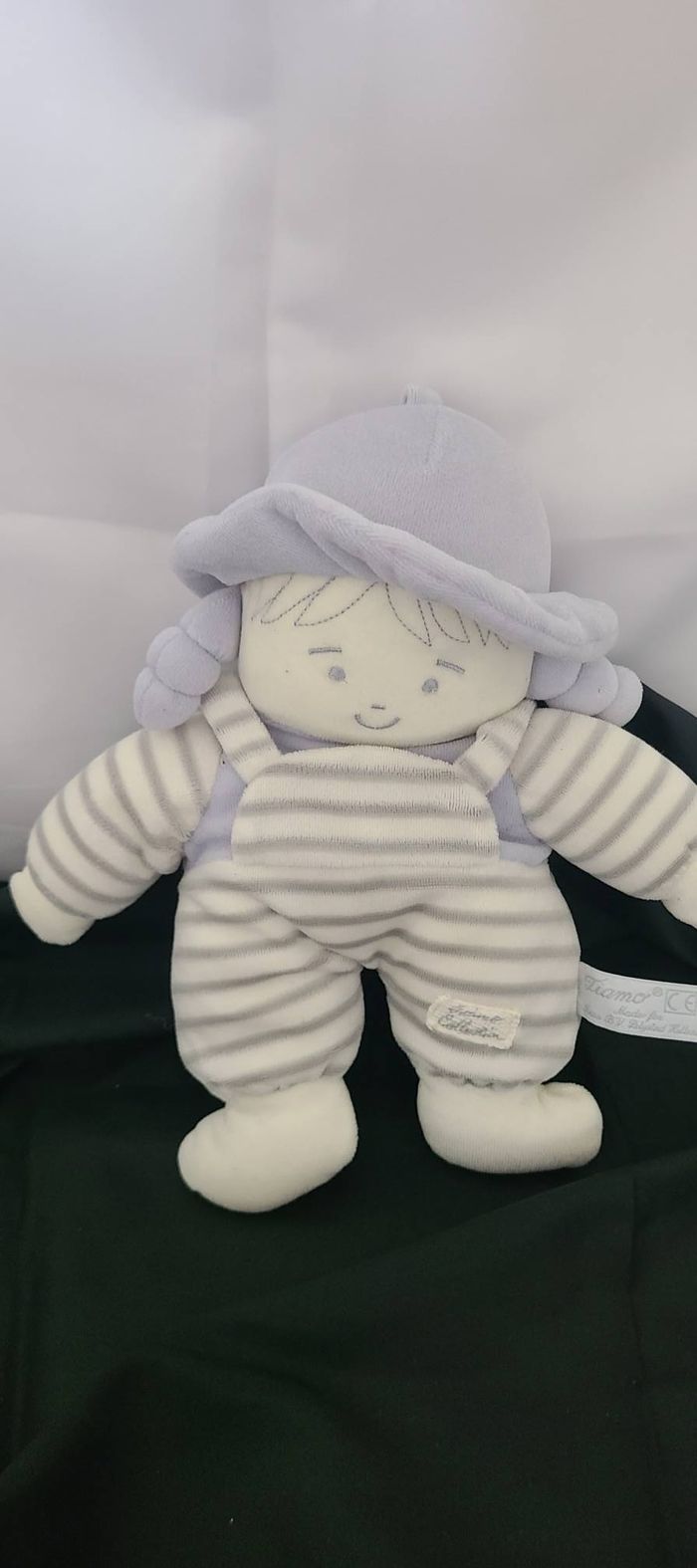 Poupée Tiamo fille peluche 14 cm bleu gris blanc avec chapeau - photo numéro 3
