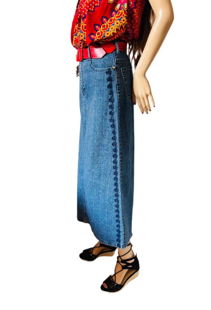 💙🌿Jupe en jean longue brodée bohème vintage 2000 long embroidered denim boho skirt🌿💙 - photo numéro 7