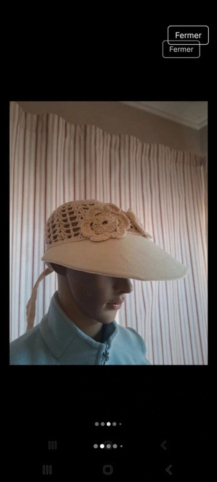 Joli Chapeau beige tricoté en coton/lin fait main - photo numéro 2