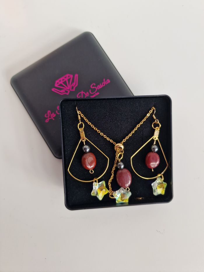 Parure Bijoux Acier Pierre Mokaite Hématite Etoiles Cristal